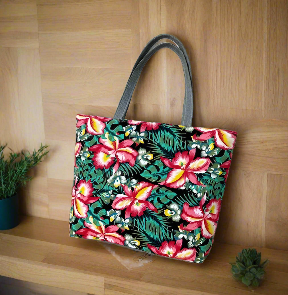 Red Flower canvas shopping Bag