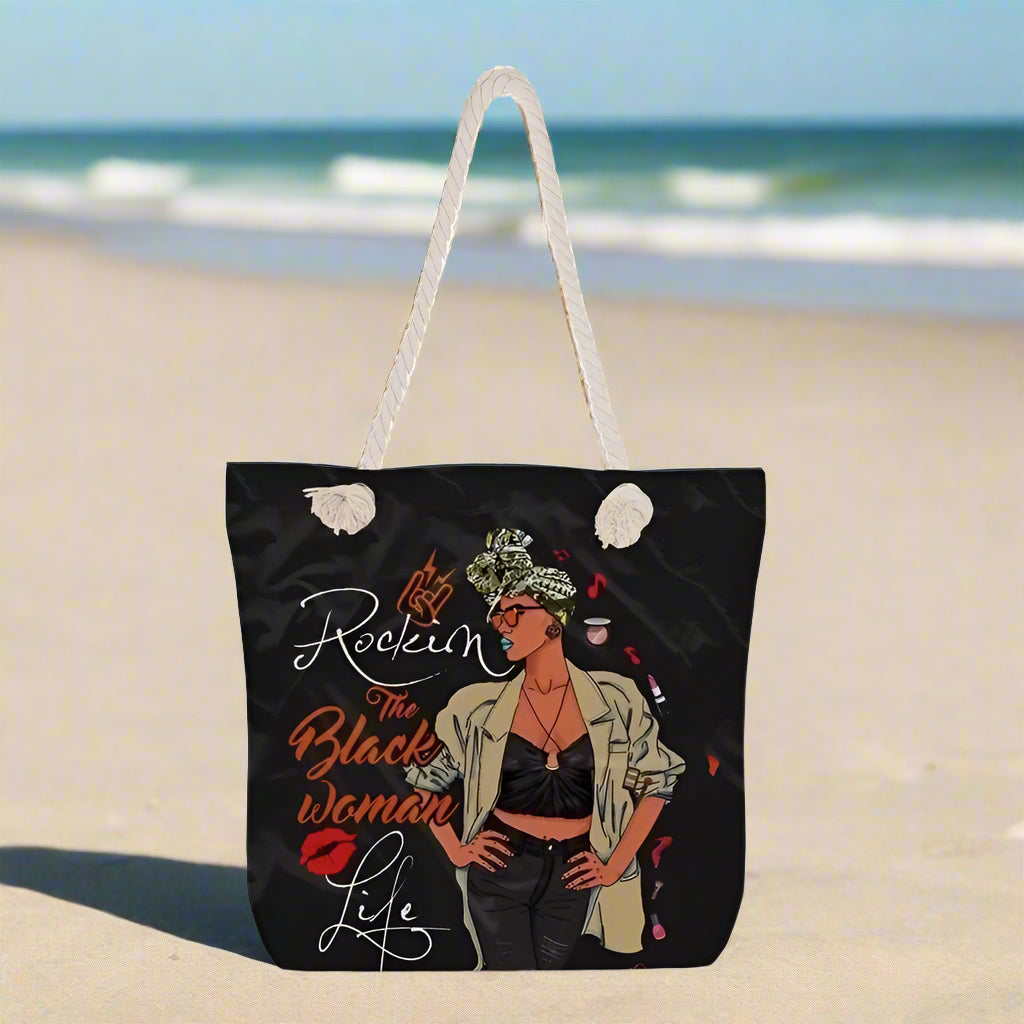 Rockin the black woman beach bag